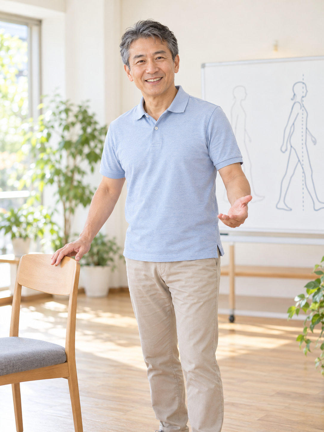 歩く姿勢を紹介する、笑顔の講師
