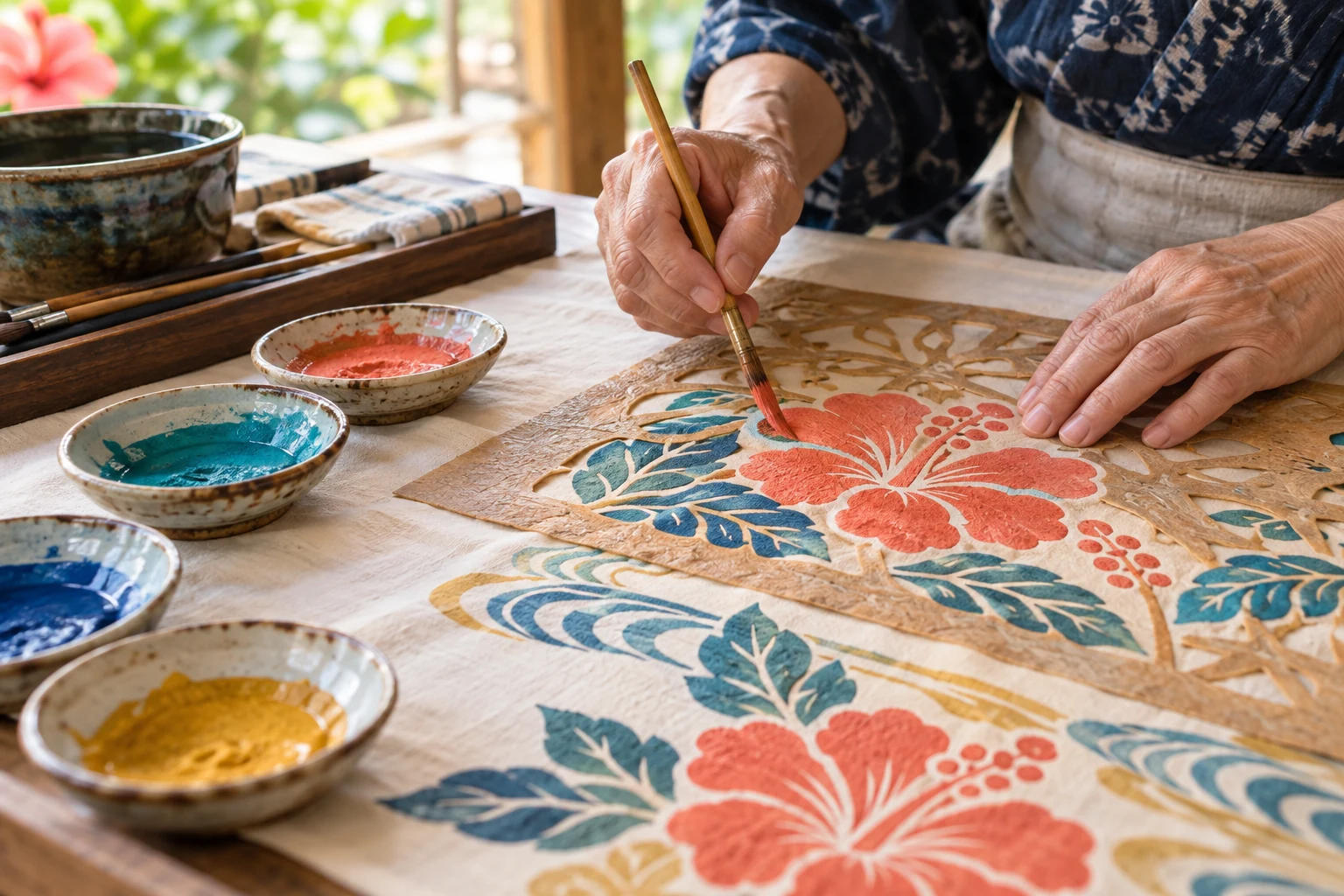 布に色を重ねる沖縄の工芸体験